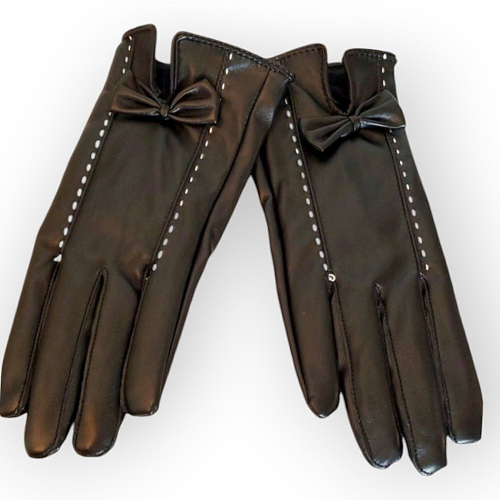 SALE Black Vegan Leather Winter Gloves Feminine Bow Design